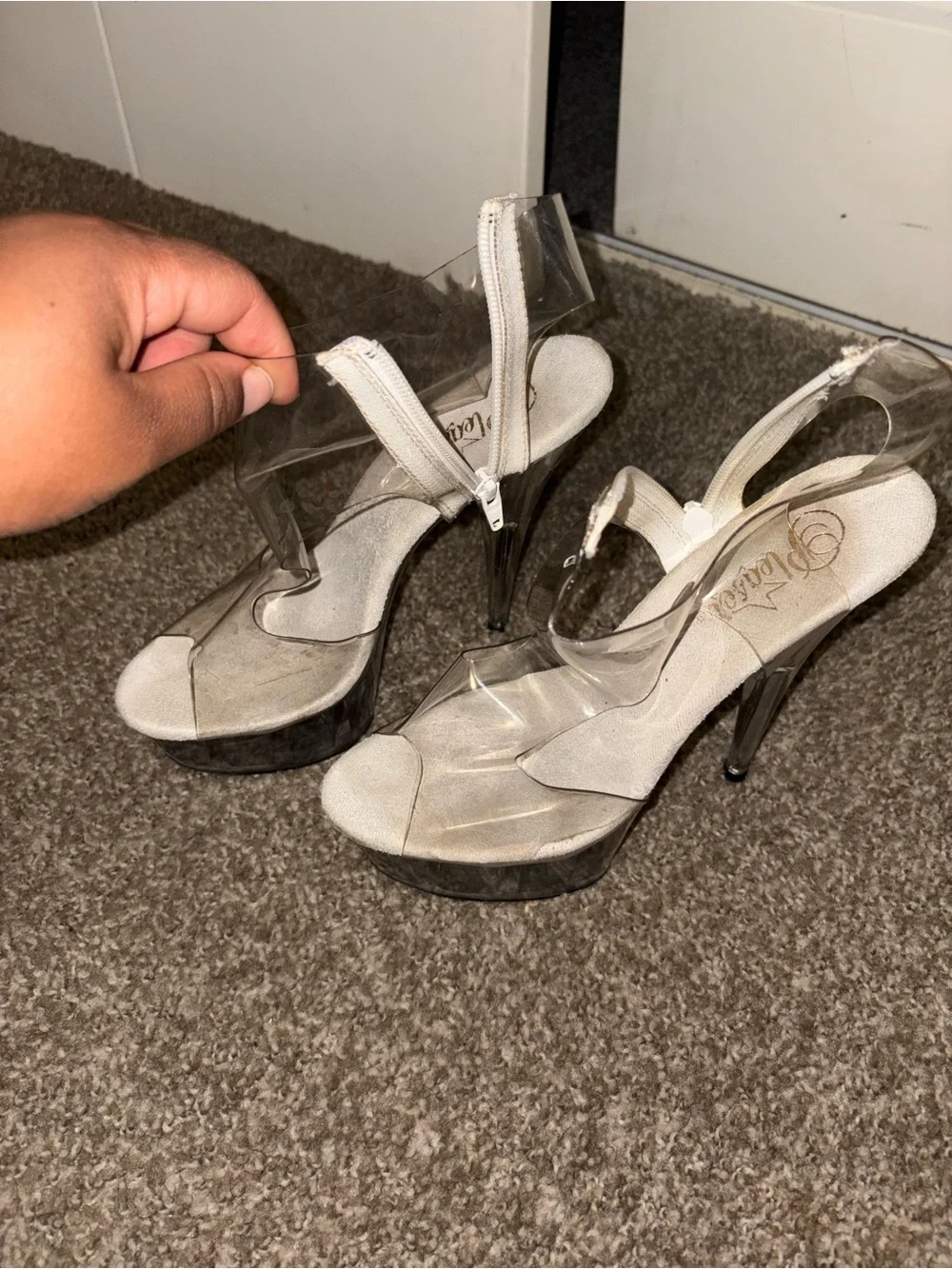 Pleaser Clear Platform Stiletto Sandals with Beige Insole